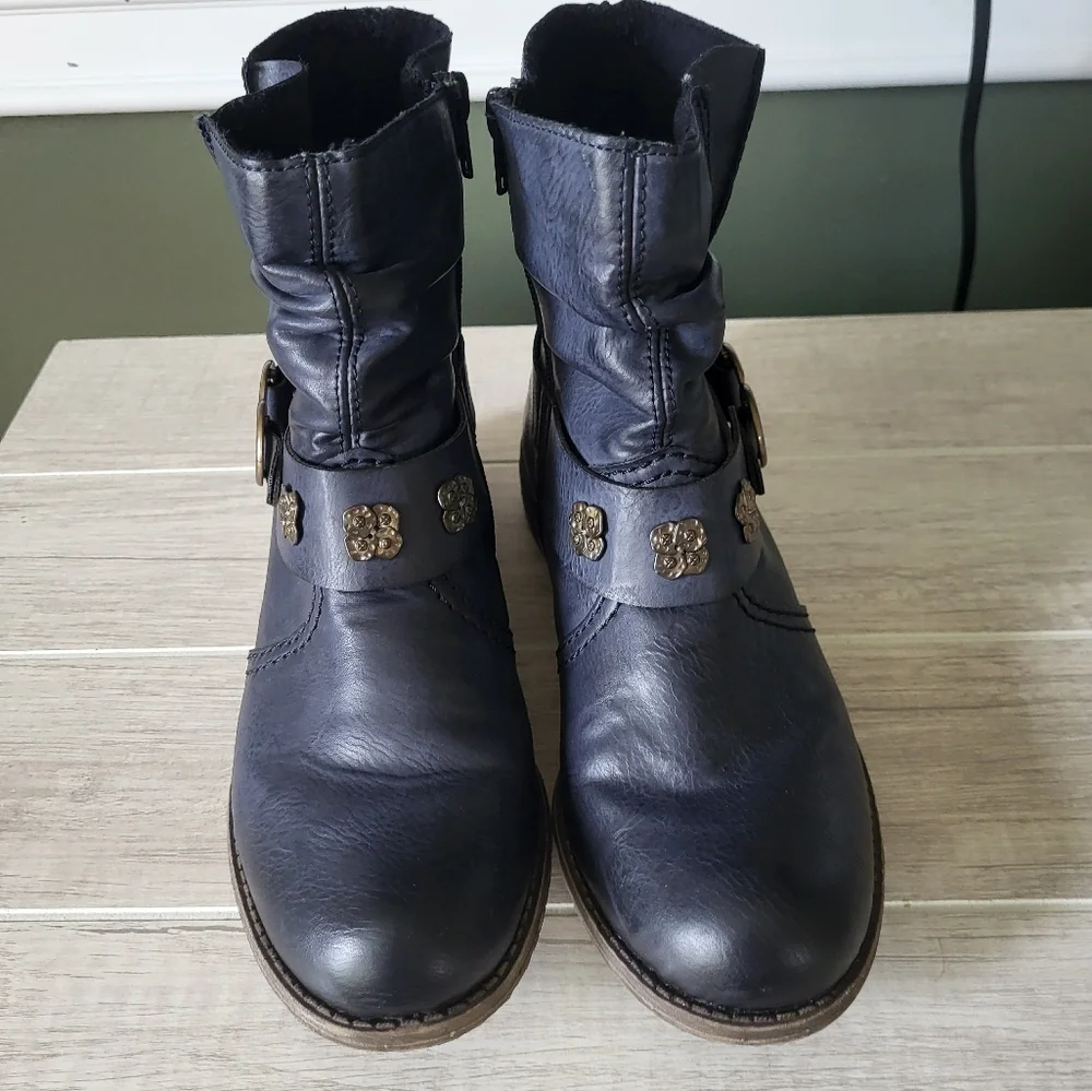 Rieker Women Peggy Blue Ankle Winter Boots Buckle‎ Side Zipper 5.5 US 36 EU